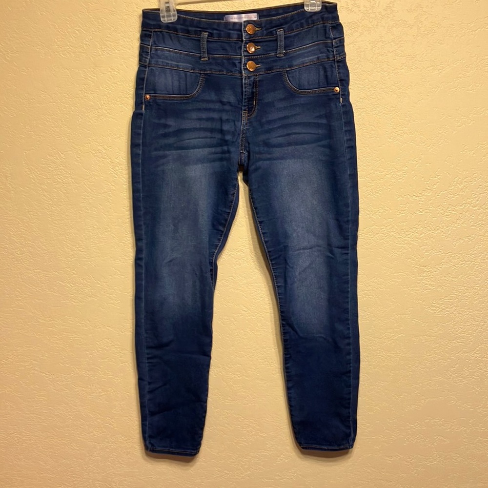SZ 13 NO BOUNDARIES STRETCH BLUE-JEAN ZIP FRONT JEGGINGS WITH COPPER  BUTTONS